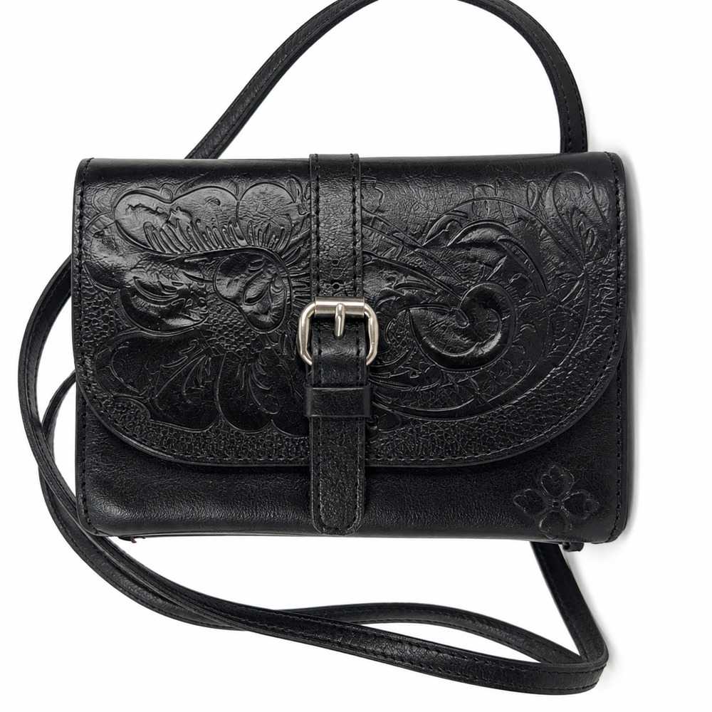 Patricia Nash Tooled Leather Crossbody Wallet Purse Black Floral Western - Picture 1 of 8